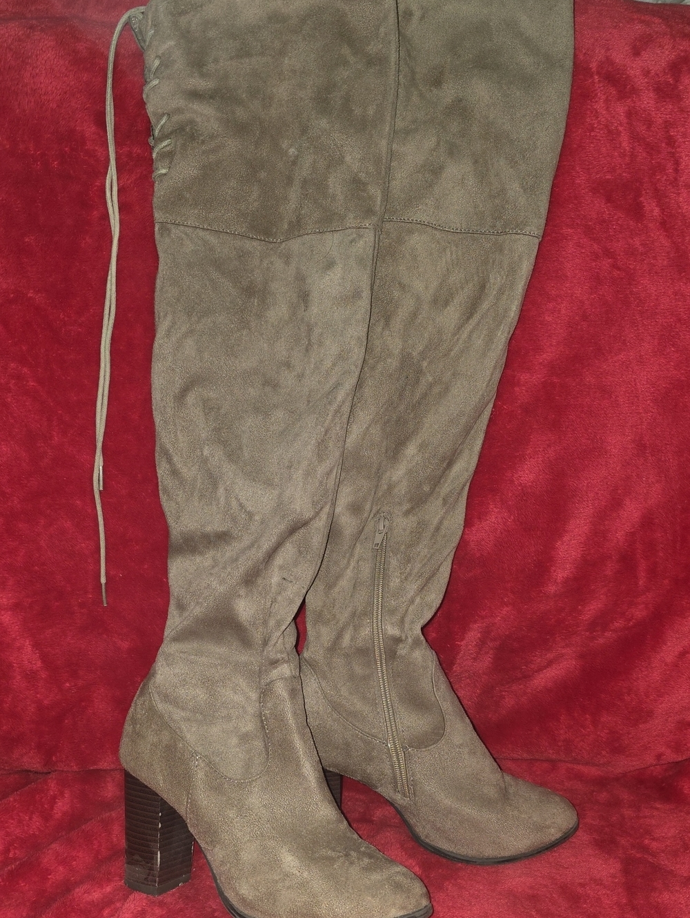 Qupid Taupe Over-the-Knee Suede Block Heel Boots